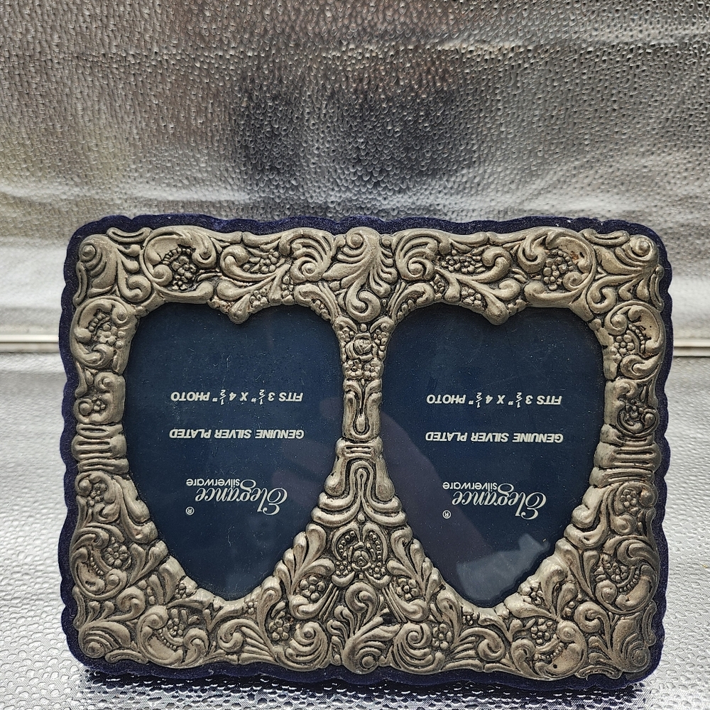 Elegance  Silver Plate Vintage Repoussé Double Heart Photo Picture Frame 3.5x4.5